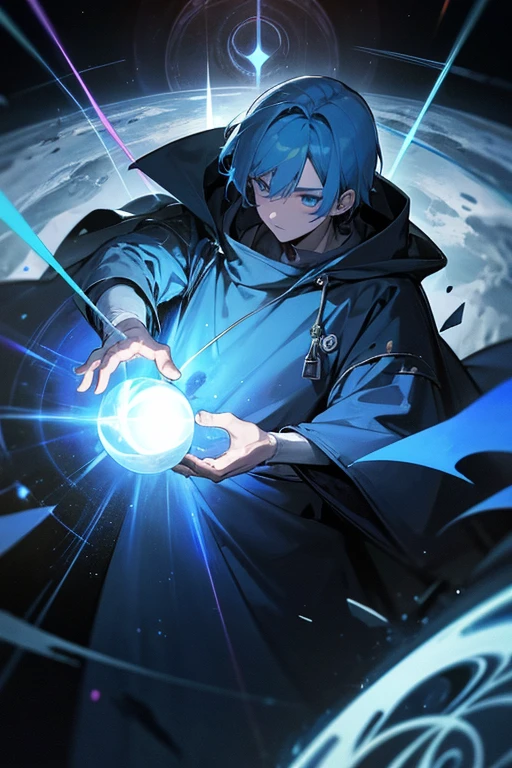 A young man with blue hair and blue eyes, wearing a blue hooded robe, deploying a huge black magic circle, background: distortion of space-time, asteroid belt, swirling energy