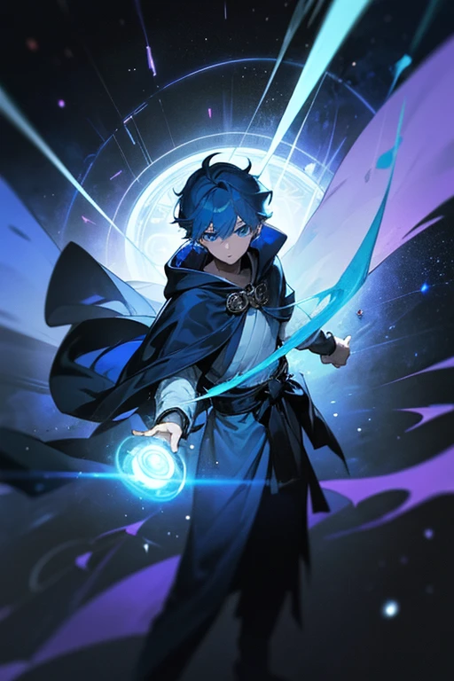 A young man with blue hair and blue eyes, wearing a blue hooded robe, deploying a huge black magic circle, background: distortion of space-time, asteroid belt, swirling energy