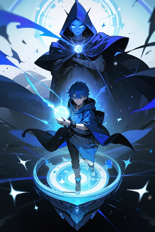 A young man with blue hair and blue eyes, wearing a blue hooded robe, deploying a huge black magic circle, background: distortion of space-time, asteroid belt, swirling energy
