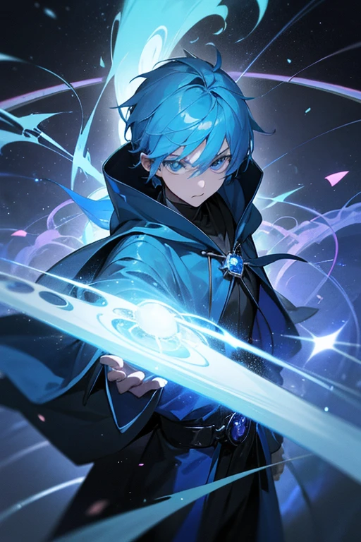 A young man with blue hair and blue eyes, wearing a blue hooded robe, deploying a huge black magic circle, background: distortion of space-time, asteroid belt, swirling energy