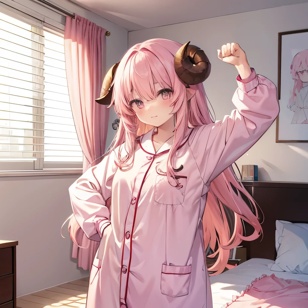 An anime-style illustration of ‘Fua-chan’ standing up in her bedroom and psyching herself up. Fua-chan has distinctive features: long pink hair styled in soft curls resembling sheep’s horns, and pink eyes. She is depicted standing next to her bed in cute pajamas, with a determined and energetic expression. She has both fists clenched and raised in a gesture of motivation, as if she’s saying ‘I can do it!’ The background shows a cozy bedroom with warm morning light filtering through the window, a neatly made bed, and a few personal items, creating an encouraging and positive atmosphere. perfect hands