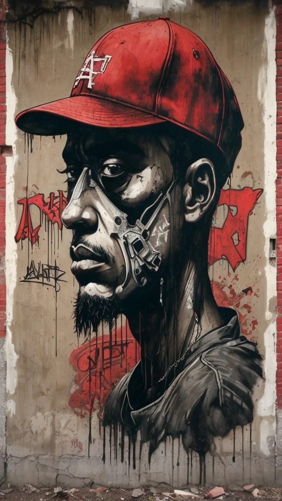 (Gangsta Rap Old School Rap 1990) Graffiti on the wall, Abandoned warehouse, granular, Sepia, Spooky environment, Dark Red. Creepypasta - Rappers wearing baseball caps, A spooky look from the shadows. style：Charlie Boyett, Albert Joseph Penaud, Dariusz Zawadzki. tetsuya ishida. Zdzislaw Beksiński. Patrizia Piccinini. Mark Powell. Sven 37. Liquid ink painting，Splash Ink, アンナ・ダイエットマンのstyle,Garbage Boy，, Ink Art, Side view,ヒップホップファッションデザインstyle 