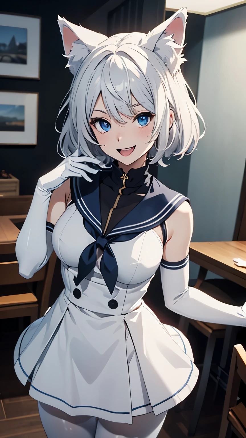 Tabletop High resolution Best image quality 8k Adult female Anime Style White long gloves(Elbow Gloves) White Sailor Suit(Sleeveless) mini skirt White Pantyhose White wolf ears short hair((Shortcuts)(Gray Hair)(Perm)(fluffy)) blue eyes Attractive face((Laughter)(smile)(Open your mouth)) Are standing