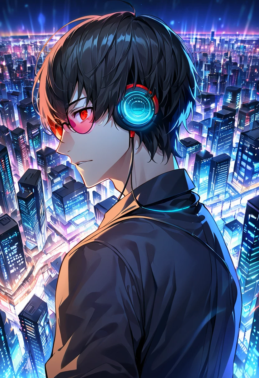 Adult, male, mature, scruffy black hair, short black hair, red eyes, hipster clothes, round tinted sunglasses, headphones, apathetic indifference, Masterpiece, Accurate, Best Quality, Detail, High Details, Quality, Super Detailed, High Quality, Anatomically Correct, tilted head, city, night, cyberscape, cyber city at night