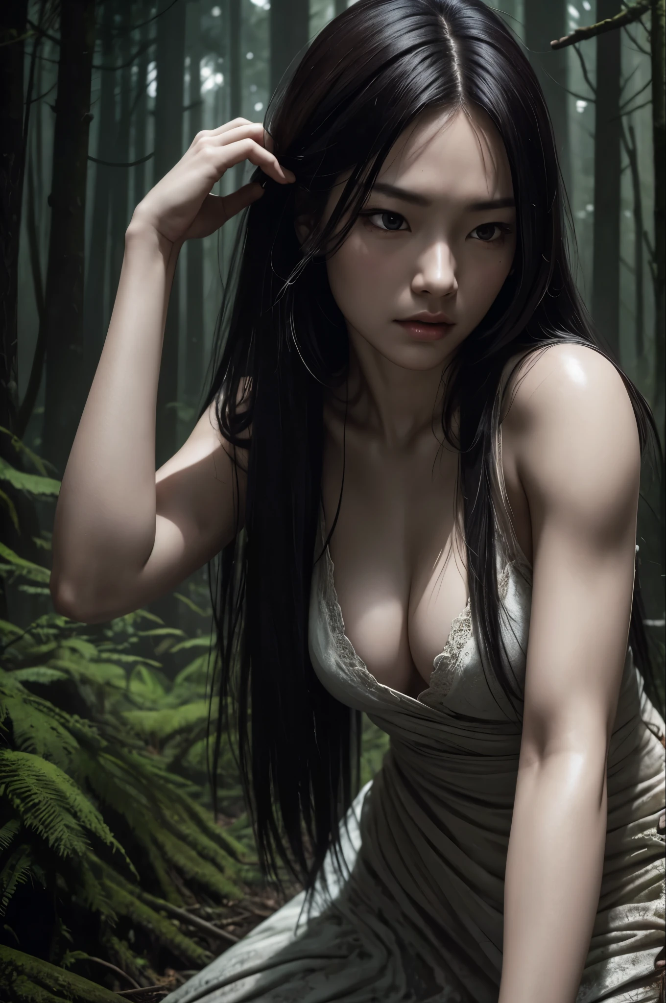 crawl on the ground in the forest, Very normal breasts, A high resolution, real looking skin, Horror movie shot of creepy, very long black hair, Sadako, Super beauty(Like the real thing), wearing a dirty gown, eerily distorted face, thirds rule, Tonal color scheme, Pale Brown, mystery, Horror, eery, creepy, Moody lighting, Film Still, cinestill 800, sexy for, Horrific morphology, grudge, Grievances, ultra high res.photorealistic, realistic hands, [[photorealistic Chromatic aberration]], digital photograph, HDR, high contrast, masterpiece. [The scene is surrounded by mist, evoking a mysterious and eerie atmosphere. The lighting is dark and atmospheric, with smoke adding a touch of sinister ambiance. Best quality image, HDR enhancement, showcasing the utmost level of detail and realism, full body shot:1.5]. [8K, Ultra High Resolution, (highly detailed, Bokeh, (cowboy shot), 8k, 8K, UHD, textured skin, high details, high quality, Best Quality