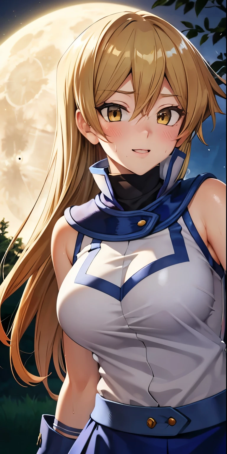 1 Female,High definition,high resolution,Ultra-realistic,8K, 8K, ta1,blonde hair,long hair,yellow eyes, white jacket, sleeveless, blue skirt,tight skirt , miniskirt,fingerless gloves,European,sexy,Upper body close-up,Photographed from the front,Dynamic Angles,(blush), big tits , happy, wink the eye,facial, sweat,multicolored hair , outdoors, moonlight, night ,leaf , windy,tree background