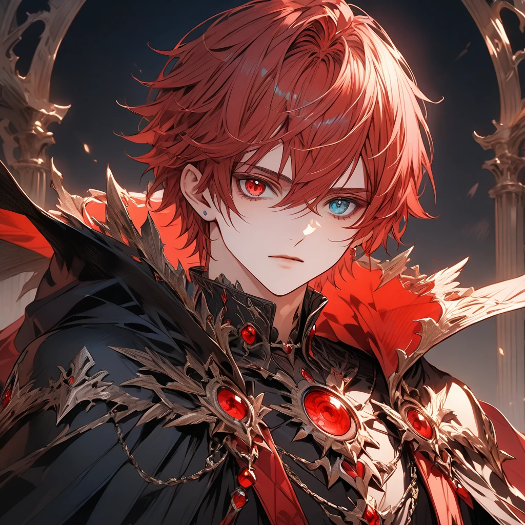 male face, red hair, (heterochromia, green and red eyes,) extremely detailed eyes, perfect eyes, extremely detailed face, black overcoat, cape, RPG style, broad shoulders, upright posture, facing the image, no light in the image, (blue character background,) ((character with full rendering focus and details) 8k, ultra-high quality, extremely detailed, perfectly detailed.