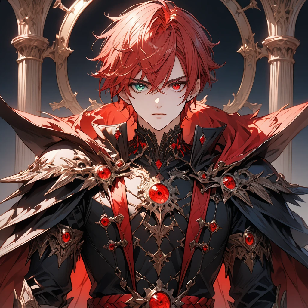 male face, red hair, (heterochromia, green and red eyes,) extremely detailed eyes, perfect eyes, extremely detailed face, black overcoat, cape, RPG style, broad shoulders, upright posture, facing the image, no light in the image, (blue character background,) ((character with full rendering focus and details) 8k, ultra-high quality, extremely detailed, perfectly detailed.