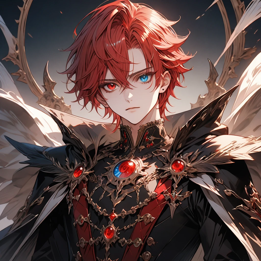 male face, red hair, (heterochromia, green and red eyes,) extremely detailed eyes, perfect eyes, extremely detailed face, black overcoat, cape, RPG style, broad shoulders, upright posture, facing the image, no light in the image, (blue character background,) ((character with full rendering focus and details) 8k, ultra-high quality, extremely detailed, perfectly detailed.