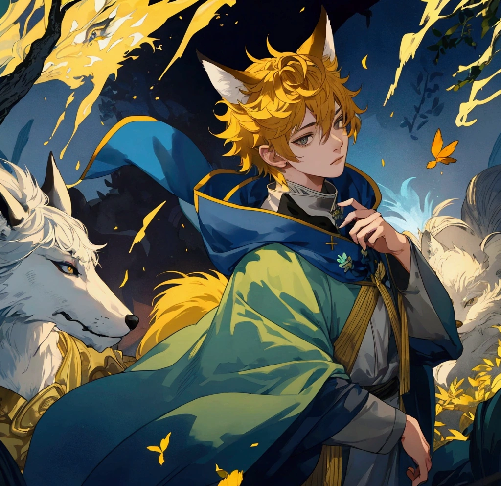 1 person, boy, fox cape, 20 years old, forest beast, humanoid, 1 head, short hair, yellow hair, gray eyes, blue cloak