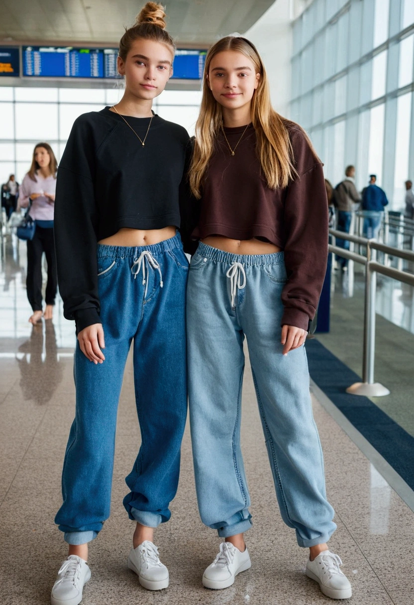 Two beautiful teen girl are wearing a oversized baggy jeans and a cropped Sweatshirt, they are barefoot and on the airport