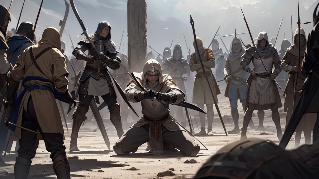a large-scale medieval battle between Templar knights and Muslim warriors, close-quarter sword combat, archers firing arrows and taking down enemies on both sides, intense bloodshed and decapitation, highly detailed, cinematic composition, dramatic lighting, muted color palette, chiaroscuro effects, masterpiece, 8k, photorealistic
