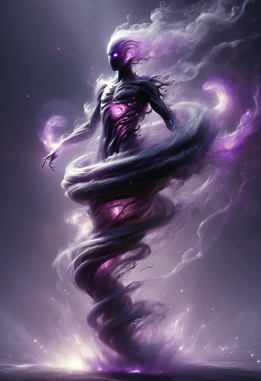 This creature appears as a body of translucent dark gray, black and purple energy with small motes of purple light winking in and out of existence along its spherical form. It has a head, neck, chest, but it's body ends in a tapered whispy smoke, no legs or feet evident. Whispy black smoke