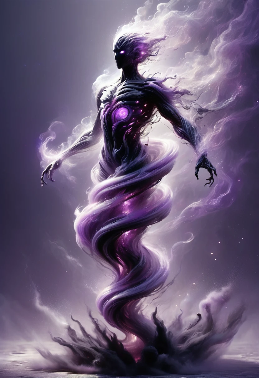 This creature appears as a body of translucent dark gray, black and purple energy with small motes of purple light winking in and out of existence along its spherical form. It has a head, neck, chest, but it's body ends in a tapered whispy smoke, no legs or feet evident. Whispy black smoke