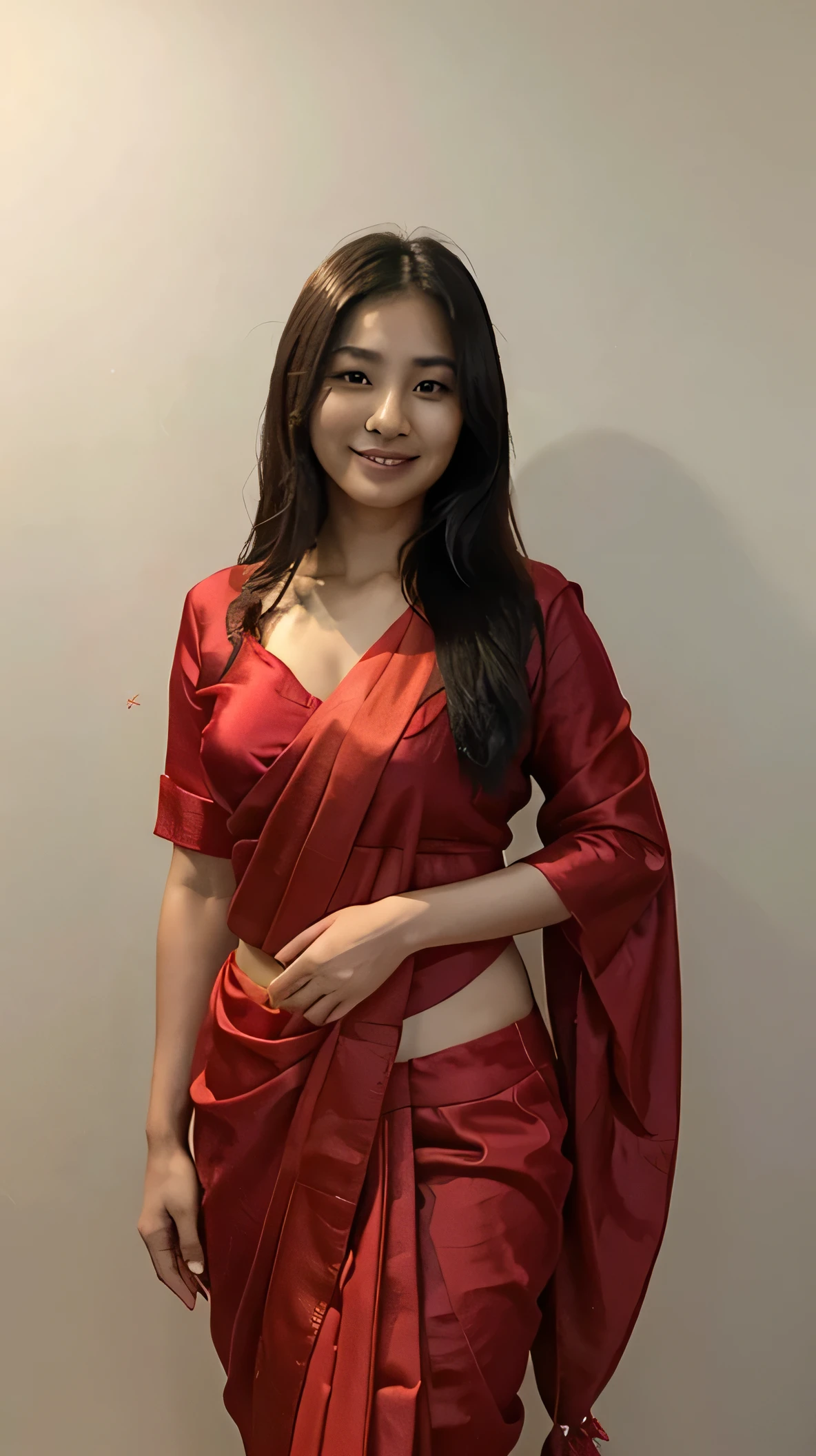 32 years old Asian woman in red silk saree covering her body elegant standing straight full length, Attractive smile. Looking straight at me very natural and realistic 