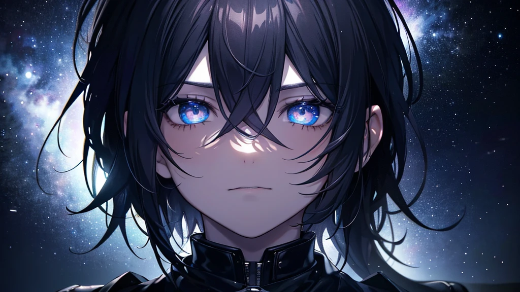 an emo goth boy looking at a starry night sky, highly detailed face and eyes with glow, moody atmosphere, dark colors, dramatic lighting, cinematic composition, digital art, concept art, hyper realistic, photorealistic, 8k, best quality, masterpiece