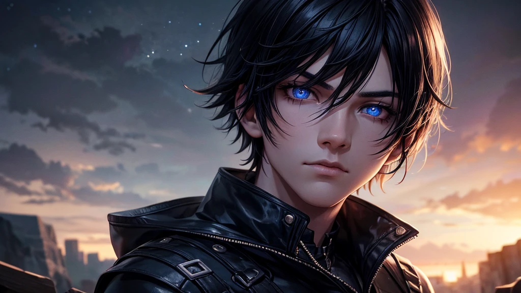 an emo goth boy looking at a starry night sky, highly detailed face and eyes with glow, moody atmosphere, dark colors, dramatic lighting, cinematic composition, digital art, concept art, hyper realistic, photorealistic, 8k, best quality, masterpiece