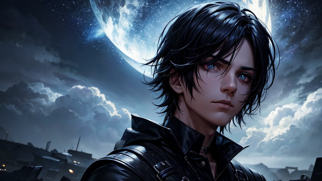 an emo goth boy looking at a starry night sky, highly detailed face and eyes with glow, moody atmosphere, dark colors, dramatic lighting, cinematic composition, digital art, concept art, hyper realistic, photorealistic, 8k, best quality, masterpiece