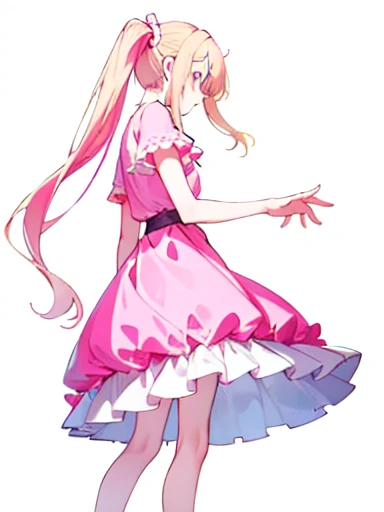  a girl has long pale pink almost pale blonde hair, that falls gently on her shoulders tied in two pigtails. Her delicate face , with pinkish eyes. She wears a pink dress with white details, that highlights her slim figure. From the profile, His posture is elegant, often with a raised hand or on the hip. His skin is clear, and her outfit includes accessories such as a headband and a white belt, completing a sweet and feminine look. Pose facing forward 