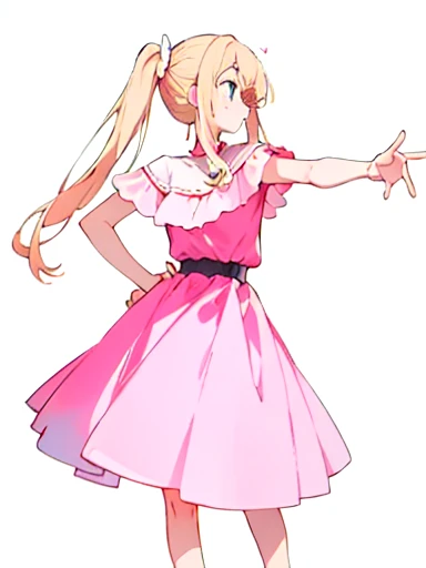 a girl has long pale pink almost pale blonde hair, that falls gently on her shoulders tied in two pigtails. Her delicate face , with pinkish eyes. She wears a pink dress with white details, that highlights her slim figure. From the profile, His posture is elegant, often with a raised hand or on the hip. His skin is clear, and her outfit includes accessories such as a headband and a white belt, completing a sweet and feminine look. Pose facing forward