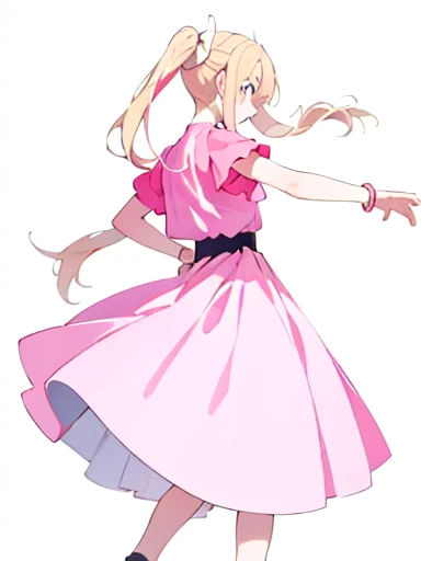  a girl has long pale pink almost pale blonde hair, that falls gently on her shoulders tied in two pigtails. Her delicate face , with pinkish eyes. She wears a pink dress with white details, that highlights her slim figure. From the profile, His posture is elegant, often with a raised hand or on the hip. His skin is clear, and her outfit includes accessories such as a headband and a white belt, completing a sweet and feminine look. Pose facing forward 