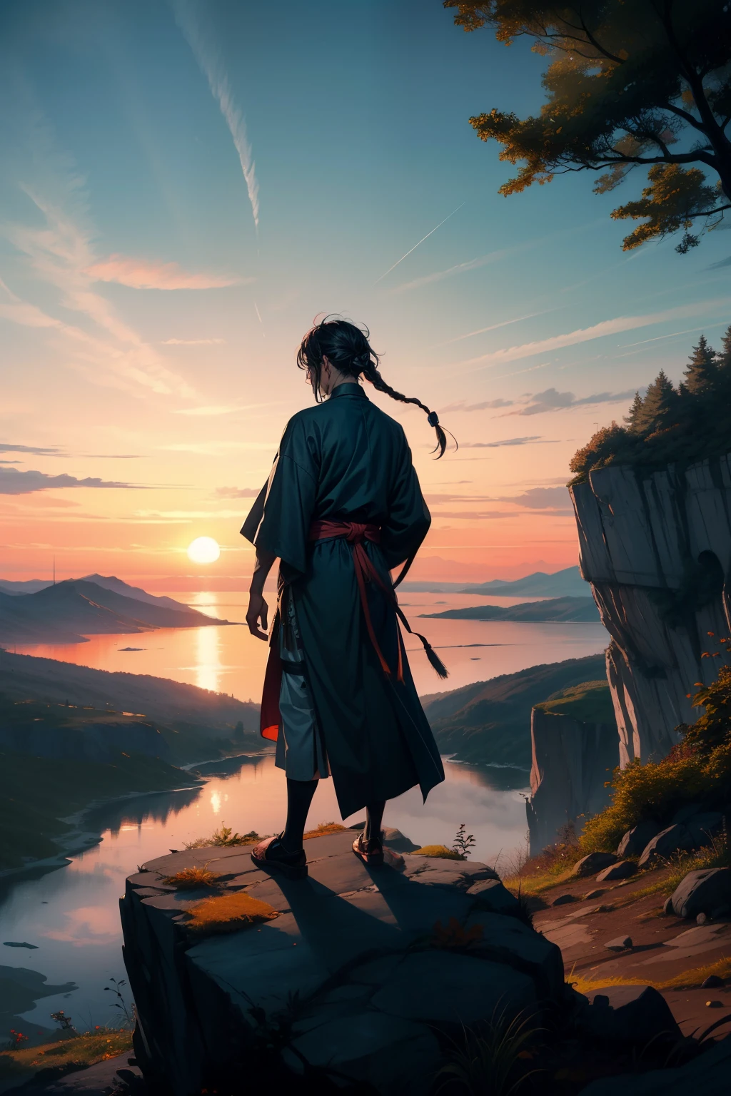 The samurai stands tall on the edge of a rugged cliff, his presence commanding the fading light of day. His dreadlocks, styled into intricate, flowing locks, cascade down his back with the tips bleached to a striking shade of platinum. Each lock moves with a grace that mirrors his disciplined, yet fluid movements. As the sun dips below the horizon, the tips of his locs catch the last rays, glowing with a fierce, almost ethereal brilliance.
The cliffside is rugged and wild, with jagged rocks jutting out like ancient, silent sentinels. The air is crisp and carries the faint scent of pine and earth. Below, a dense forest sprawls out, its dark green canopy dotted with the fiery colors of autumn leaves. The horizon is ablaze with hues of deep orange and red, blending seamlessly into the darkening blue of the twilight sky.
In the distance, the silhouette of a distant mountain range looms, shrouded in mist and shadow. The sky above is a dramatic tapestry of warm colors and darkening shades, with the first stars beginning to emerge against the deepening twilight. The samurai’s stance is one of unwavering focus and serene strength, his gaze fixed on the distant horizon where the world seems to merge with the sky.
((best quality)), ((masterpiece)), (detailed)