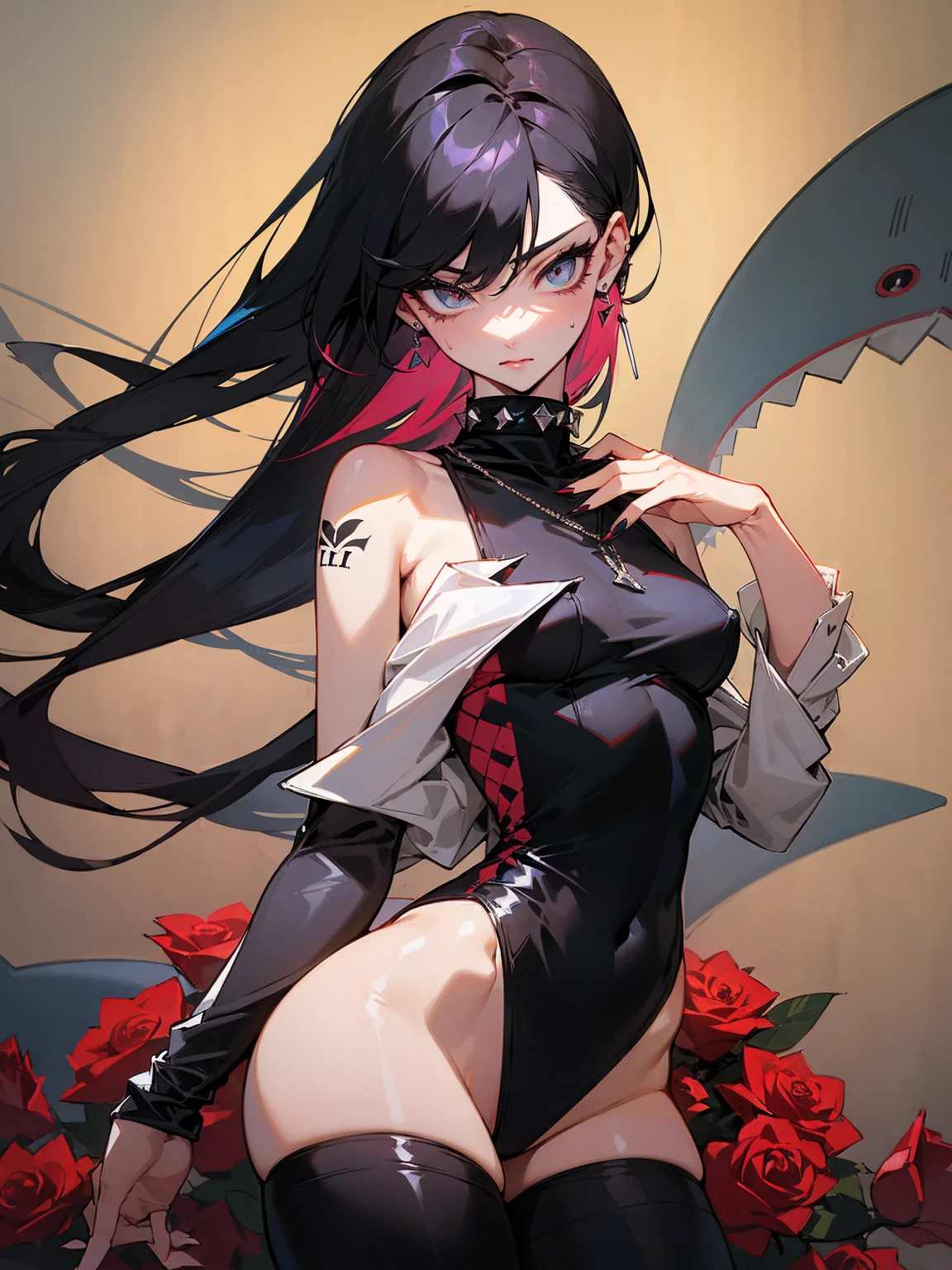 ((Long Straight Black hair)), Perfect face, Choker, Punk earrings, ((Tall)), ((High Quality)), Necklace, ((Mature)), Pretty Eyes, Sharp Nails, Bangs, ((1 Girl)), ((Multiple Earrings)), 1 girl, Spiky Earrings, Adult, Spiked Collar, Thin Eyelashes, Long Tail, Large Tail, Shark Tail, ((Sweatpants)), ((Leotard)), Close Up, Tall, Long Legs, ((Dynamic Pose)), Black Tail, Vibrant Colors, Close Up, Sexy, Suggestive, Sexually Suggestive, Skinny, Black Thigh Highs, Teasing, Slender Body, Stylish, Bangs, Wide Hips, Thick Eyeliner Around The Eyes, Tattoo Of Roses On Her Body,