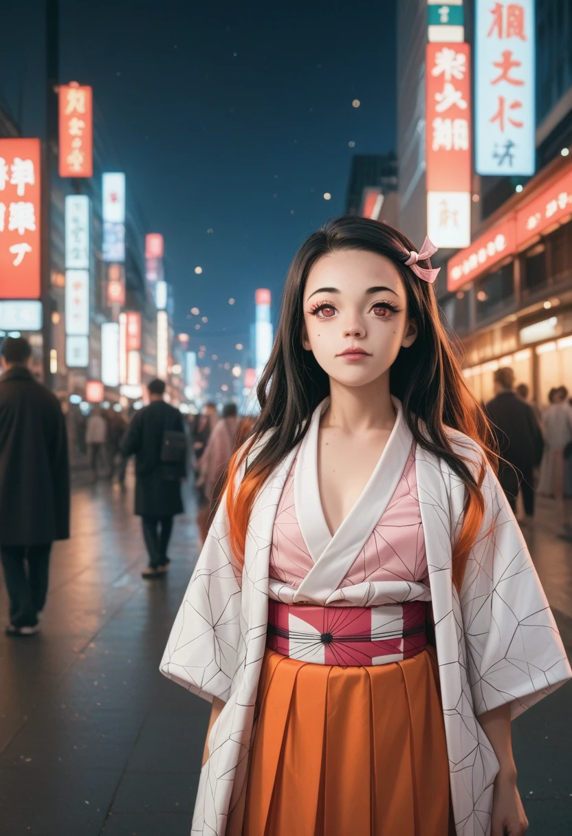Nezuko Kimetsu no Yaiba cosplay on Tokyo, night city