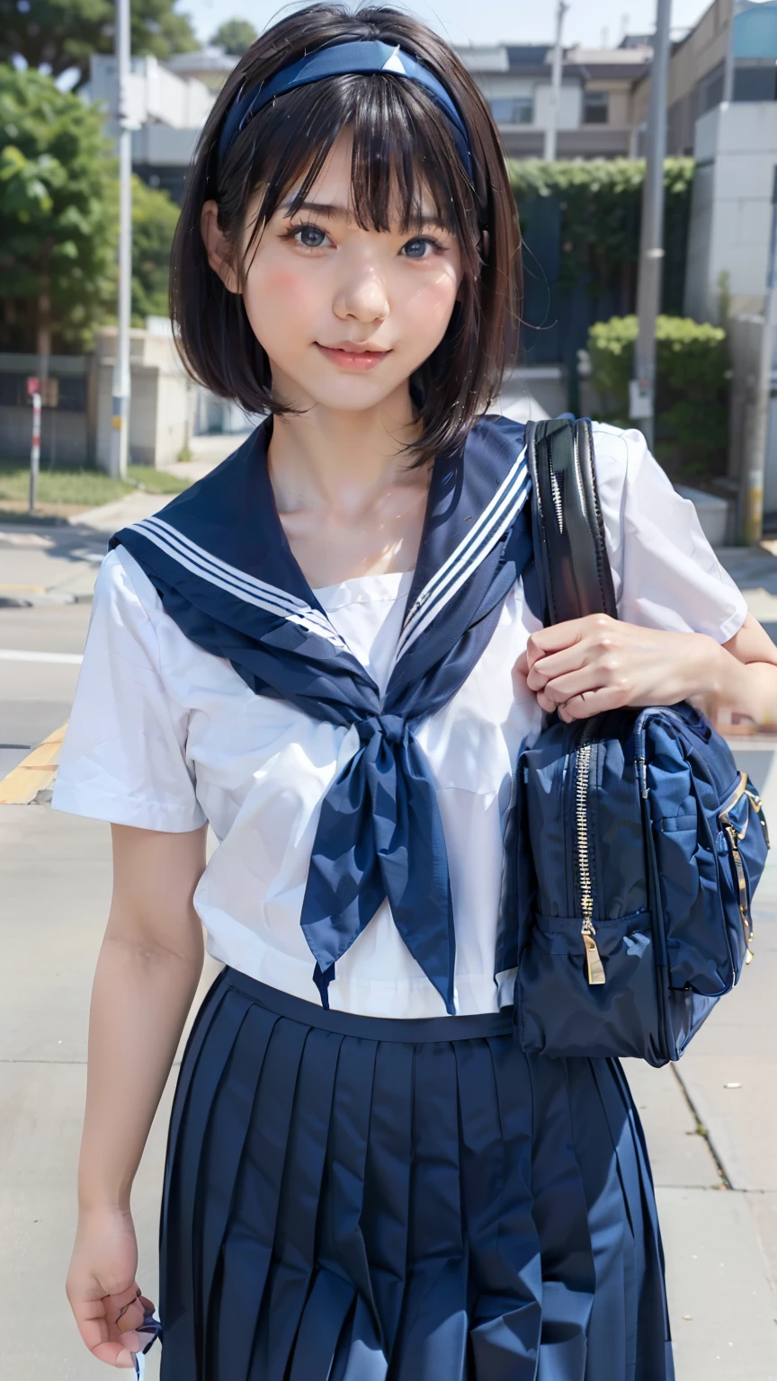 sailor uniform, One Woman, (Beautiful woman, delicate :1.3), Black Hair, bob cur hair, Patsun, 8k, Highest quality, masterpiece, Very detailed, Ultra-high resolution, Realistic, RAW Photos, Absolute Resolution, Black Hair, Navy blue sailor uniform, (Navy blue pleated skirt:1.4), Realistic high school girl, (White headband:1.4), Small breasts, expensive, Bright Blue Eyes, (In front of the school gate), smile, (standing pose:1.4), (one school bag on shoulder:1.4), (very long skirt:1.4), (小さくジャンプ:1.4), 