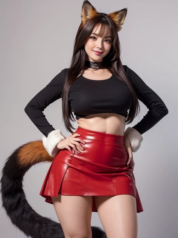 ((Highest quality, 8k)), ((masterpiece)), (Familiar), Perfect Face, Fox Woman, Beautiful woman, public, Has a tail, She has thick thighs, Long Tail, She has a red fox tail, She wags her tail, smile, Bell Collar, she is wearing a short skirt, Beautiful Hips, Big Breasts , Big tail