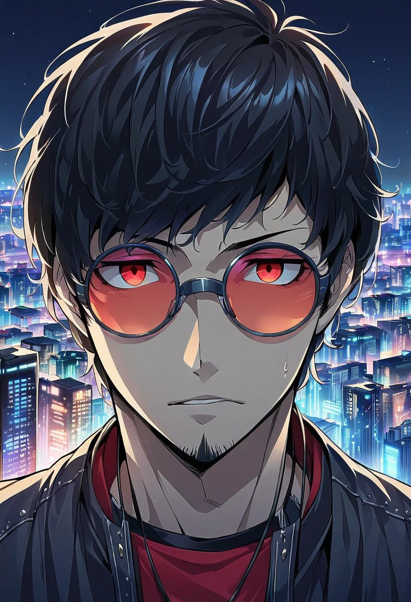 Adult, male, mature, scruffy black hair, short black hair, red eyes, hipster clothes, round tinted sunglasses, headphones, apathetic indifference, Masterpiece, Accurate, Best Quality, Detail, High Details, Quality, Super Detailed, High Quality, Anatomically Correct, tilted head, city, night, cyber city at night, forward facing