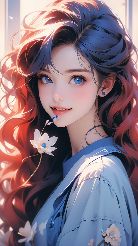 woman in a blue smock holding a flower in her teeth and to hold it, she's smiling, 1girl, solo, long hair, flower, realistic, red hair, looking at viewer, nail polish,blue eyes,