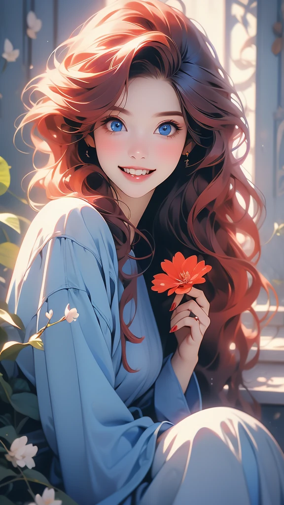woman in a blue smock holding a flower in her teeth and to hold it, she's smiling, 1girl, solo, long hair, flower, realistic, red hair, looking at viewer, nail polish,blue eyes,