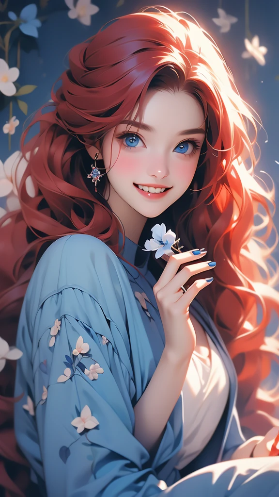 woman in a blue smock holding a flower in her teeth and to hold it, she's smiling, 1girl, solo, long hair, flower, realistic, red hair, looking at viewer, nail polish,blue eyes,