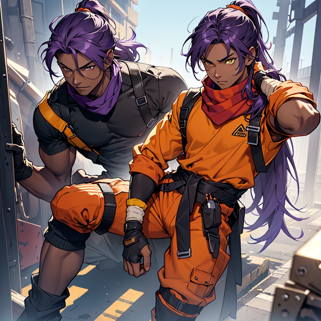 Orange shirt, one boy, Alone, Dark skinned male, Dark skinned, Long ponytail hair, Parted bangs, Purple hair, Yellow eyes, Waist accessory, Scarf, Gloves, ((leg warmers)), White straps,