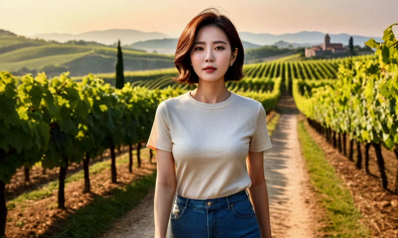 Wearing a luxury brand knit, 40 year old Korean woman with short medium hair, short and petite, very beautiful.!, Get inspired by Son Ye-jin, 8K vertical rendering, photo realistic beautiful face, big eyes,double eyelid, black eye, Wear a dark round neck t-shirt. beige jean pants. Warm light in vineyards at dawn in rural Italy, The morning sun shines beautifully. Standing on a curved path. (digital painting, HDR, high contrast),, (best quality:1.4, 8k 3D, 45,000,000,000,pixel,),(masterpiece:1.3),(sharp focus:1.2),(Full body shot with Canon camera 16-35 wide angle lens, 포도 밭이 내려다 보이는 언덕 위 Standing on a curved path, 32 inches, A woman of  and short stature, A cathedral can be seen in the distance through thick fog., Vineyards with vivid image quality, three dimensional grape leaves, Grape leaves look vivid and clear.