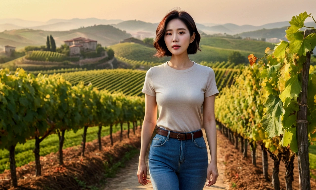 Wearing a luxury brand knit, 40 year old Korean woman with short medium hair, short and petite, very beautiful.!, Get inspired by Son Ye-jin, 8K vertical rendering, photo realistic beautiful face, big eyes,double eyelid, black eye, Wear a dark round neck t-shirt. beige jean pants. Warm light in vineyards at dawn in rural Italy, The morning sun shines beautifully. Standing on a curved path. (digital painting, HDR, high contrast),, (best quality:1.4, 8k 3D, 45,000,000,000,pixel,),(masterpiece:1.3),(sharp focus:1.2),(Full body shot with Canon camera 16-35 wide angle lens, 포도 밭이 내려다 보이는 언덕 위 Standing on a curved path, 32 inches, A woman of and short stature, A cathedral can be seen in the distance through thick fog., Vineyards with vivid image quality, three dimensional grape leaves, Grape leaves look vivid and clear.