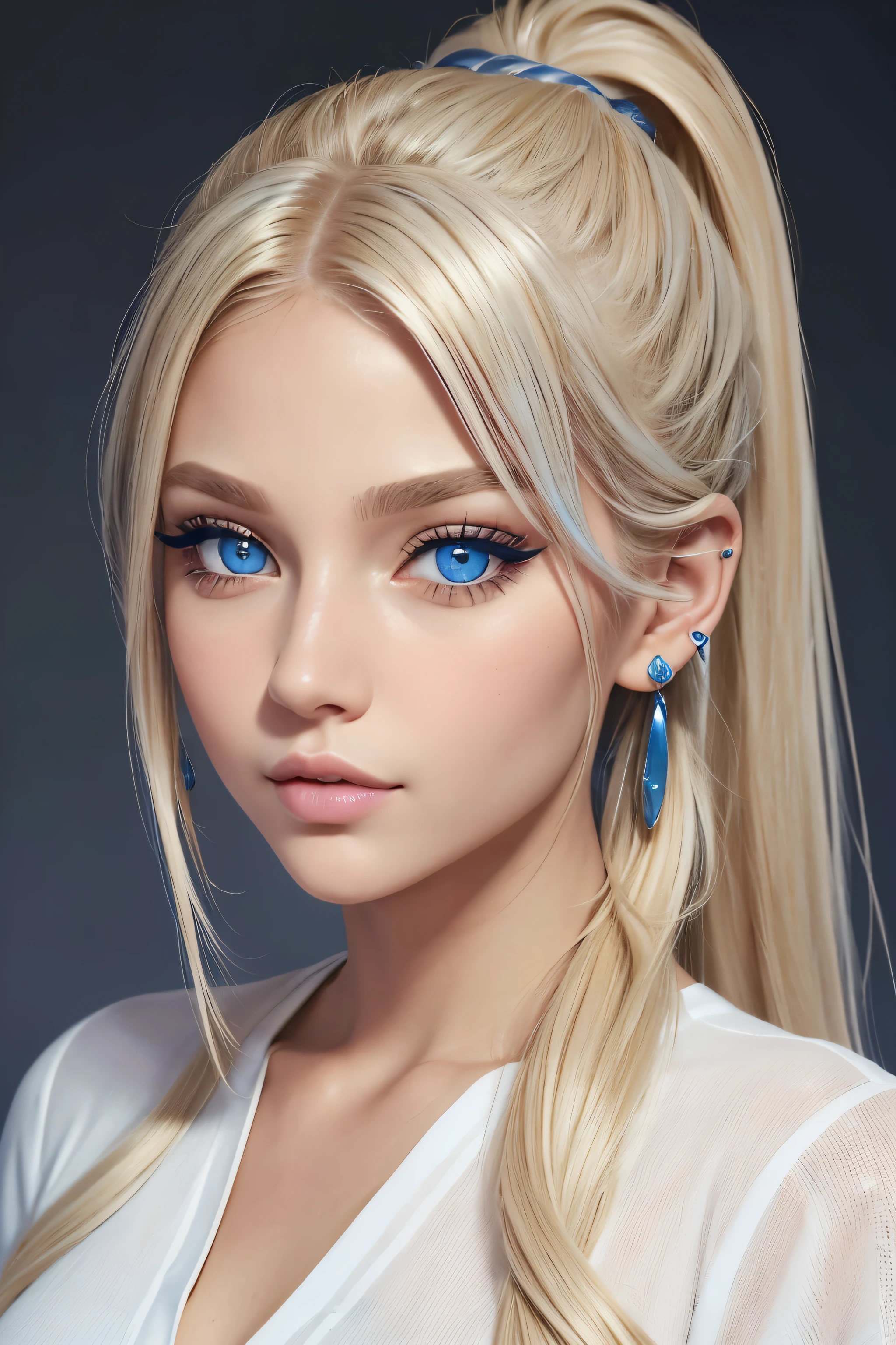 (best quality, masterpiece), 1girl, beautiful girl, Blue_eyes, ((hair color [blonde hair], [long Ponytail] hair)), earrings, lips, short sleeves,realistic, narrow waist, charming, colorful makeup, long eyelashes, tanned skin, (cute), (detailed face), detailed eyes, detailed iris, 