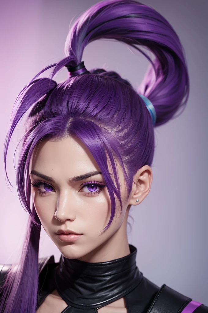 Game character with purple ponytail hair and a purple stripe on his face