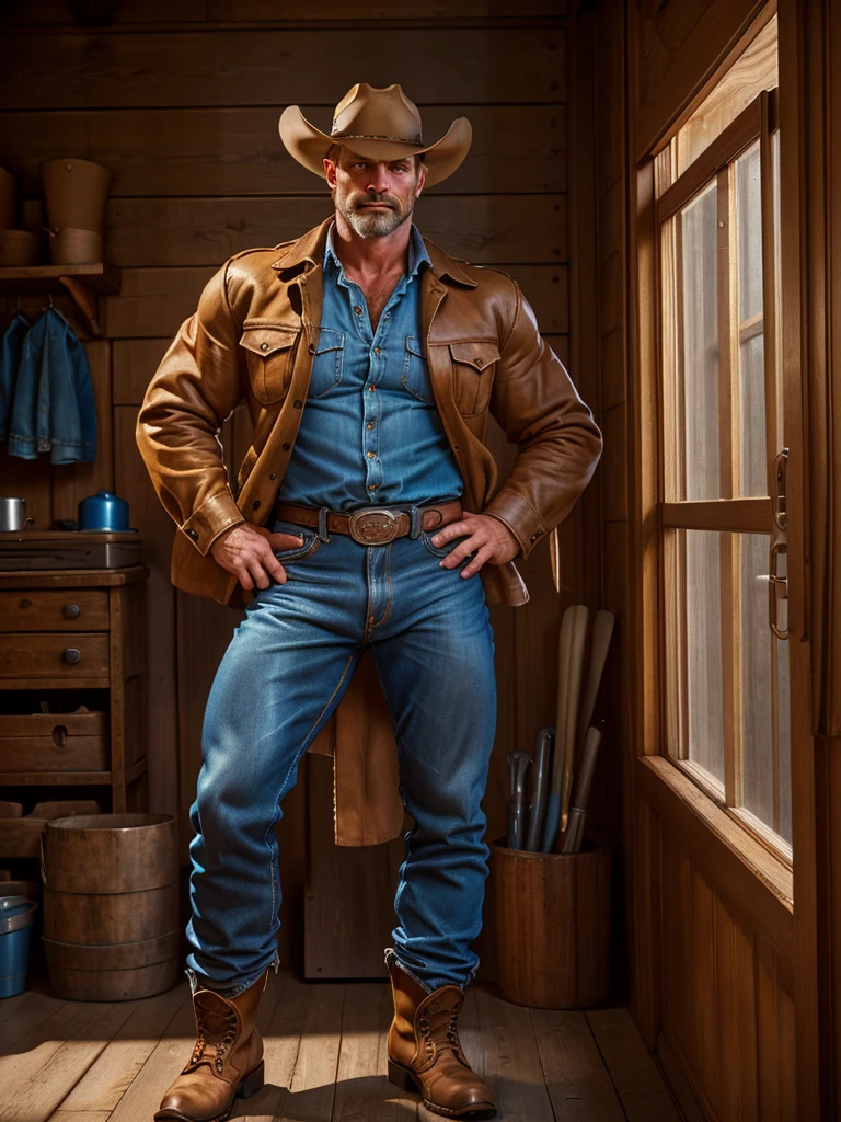 Leyendecker style illustration  : high quality, highres, filmic, (face portrait photographs for a magazine:1.2), hairy 46yo cowboy, (unshaven, short blond hair), blue western shirt, cattleman hat, jeans, boots, (X-E3 ISO400 32mm F10 1/140s:1.2)