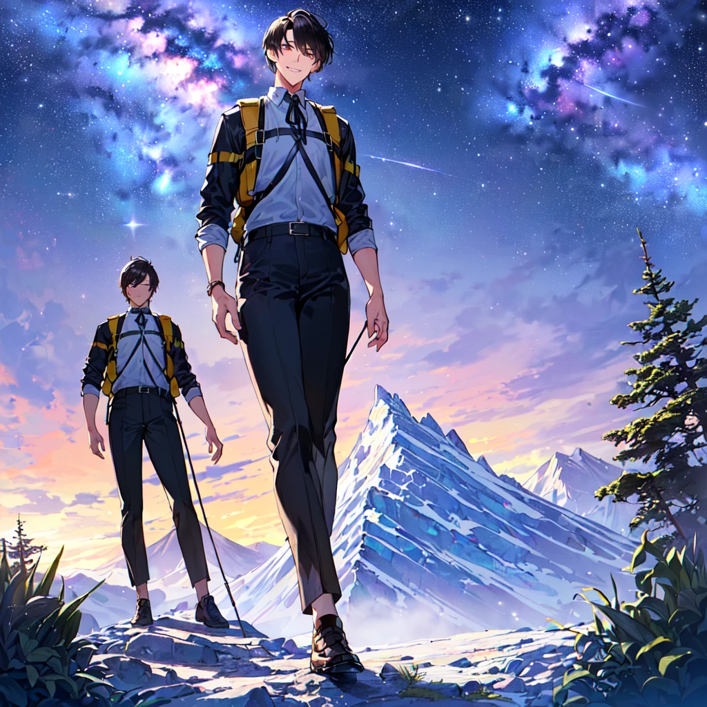 masterpiece,best quality,high quality,(1 male austere handsome solo adult age 30:1.5), purple eyes, cool with suspended eyes, V-shaped eyebrows, body strong and fearless 8.5 head tall, height 185cm,(well-groomed black short hair down to neck:1.4),(bangs in three (hair parted in three parts: 1.4), slender nose, facial muscles, throat, (summer mountaineering outfit and pants: 1.3), (walking), (stylish pose), (cool smile: 1.3), (background summer mountain forest: 1.3) , (Milky Way Night Sky: 1.3)