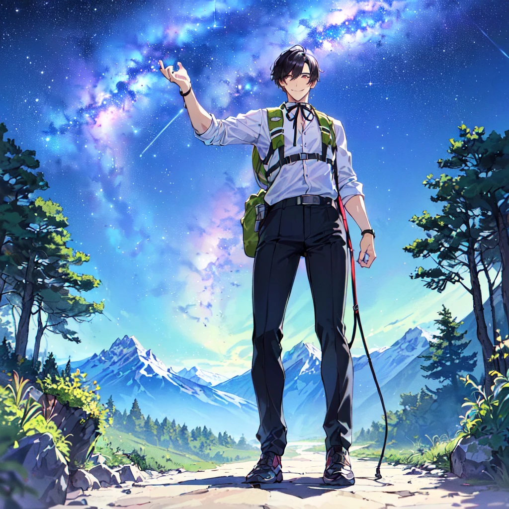 masterpiece,best quality,high quality,(1 male austere handsome solo adult age 30:1.5), purple eyes, cool with suspended eyes, V-shaped eyebrows, body strong and fearless 8.5 head tall, height 185cm,(well-groomed black short hair down to neck:1.4),(bangs in three (hair parted in three parts: 1.4), slender nose, facial muscles, throat, (summer mountaineering outfit and pants: 1.3), (walking), (stylish pose), (cool smile: 1.3), (background summer mountain forest: 1.3) , (Milky Way Night Sky: 1.3)