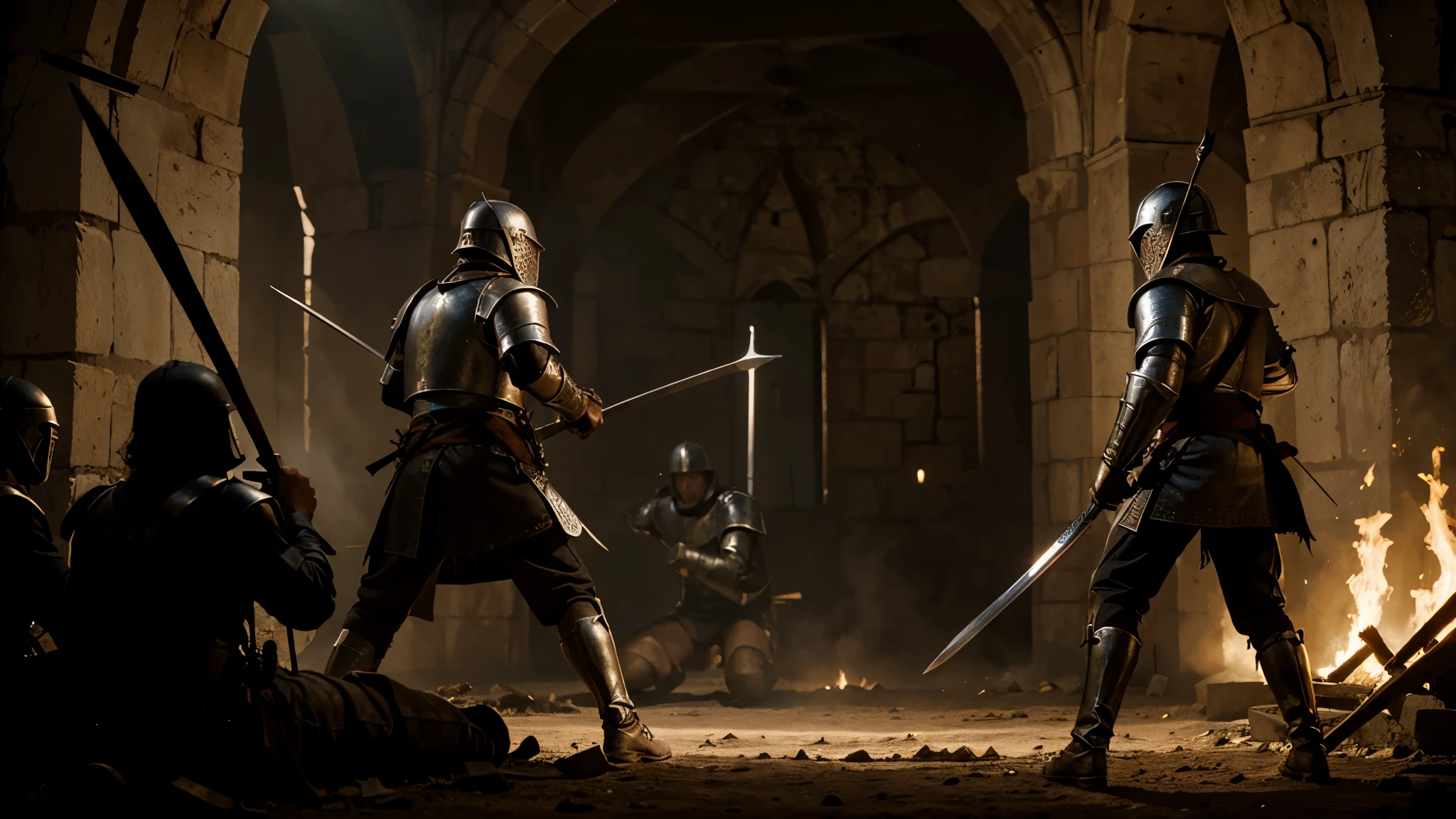 a large-scale medieval battle between Templar knights and Muslim warriors, close-quarter sword combat, archers firing arrows and taking down enemies on both sides, intense bloodshed and decapitation, highly detailed, cinematic composition, dramatic lighting, muted color palette, chiaroscuro effects, masterpiece, 8k, photorealistic