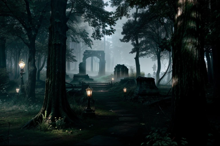 Ruins in a forest, fantasy, goddess in front of the ruins, lamps to guide path, cinematic lighting