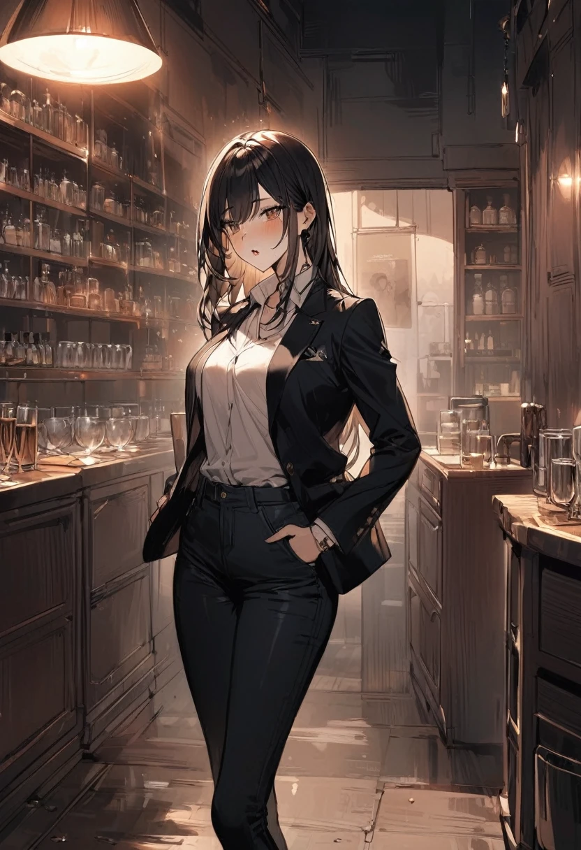 Korean woman in her 28s. Her hair is long in a dark color. Her face is oval and marked by her large brown eyes, which carry a cold, unexpressive face. Her skin is radiant and clear, presenting an impeccable state of health and her curved lips. Her body athletic and defined, with the most charming. She stands in her office at night with her back to the glassware, wearing black jeans and blazer.