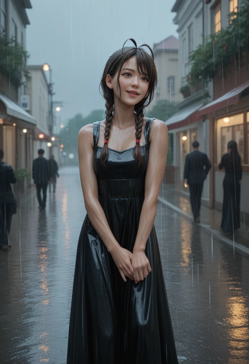 Tafa, Highest quality, High accuracy, Amazaki, dsod, dsod , (Antenna Hair:1.2), He laughs,  Medium chest, Masaki Anzu Kyoko Masaki / Yoo Zio! , , blue eyes, Brown Hair, Black long dress, street, Side braids in hair, Decorative braids, rain, rain, heavy rain, walk 