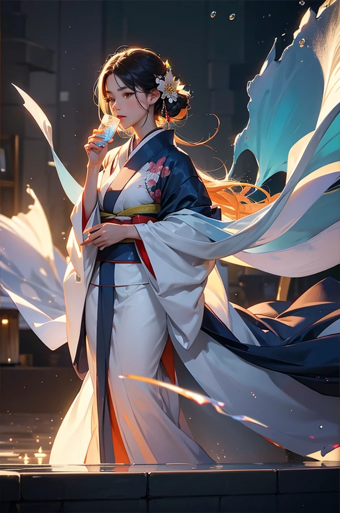 A large shot of a beautiful woman in a kimono holding a clear glass of water in her hand