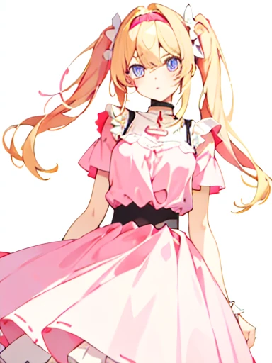 a girl has long pale pink almost pale blonde hair, that falls gently on her shoulders tied in two pigtails. Her delicate face , with pinkish eyes. She wears a pink dress with white details, that highlights her slim figure. His posture is elegant. His skin is clear, and her outfit includes accessories such as a headband and a white belt, completing a sweet and feminine look