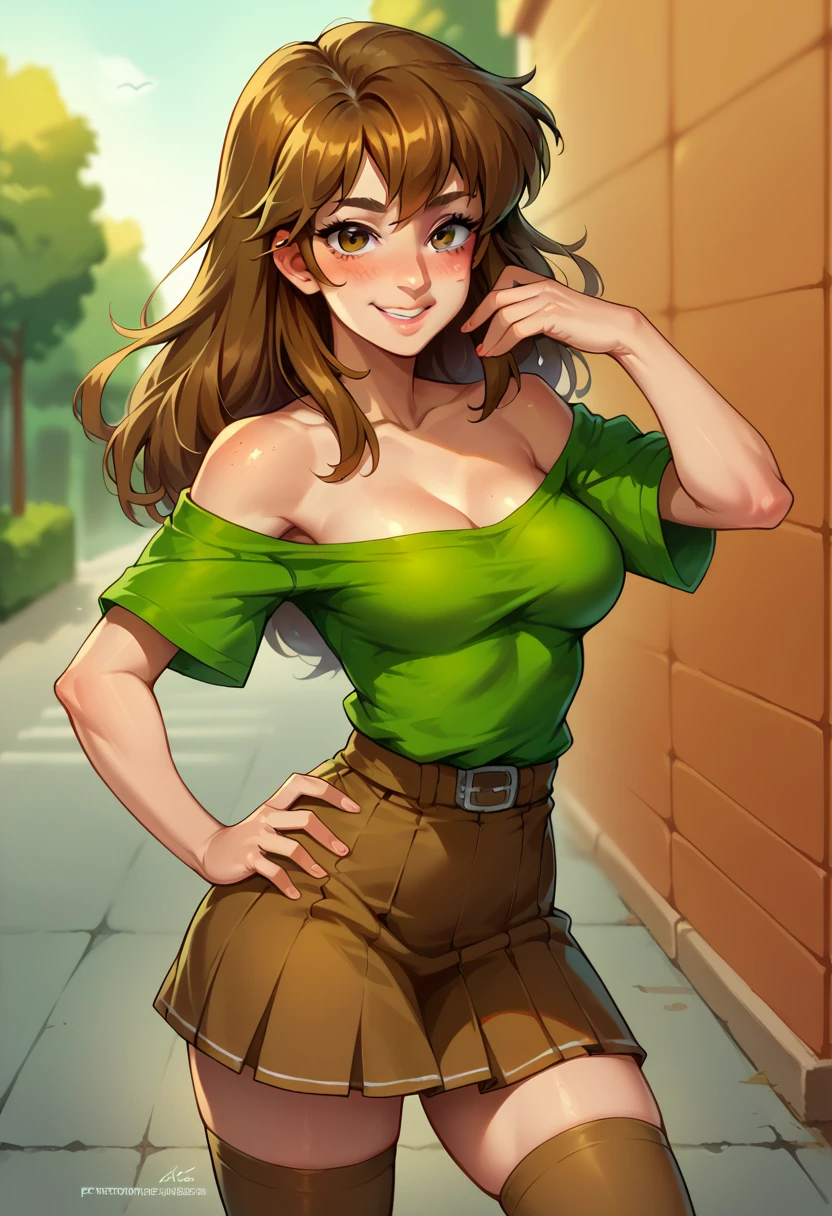 score_9, score_8_up, score_7_up, 1girl, solo, Shaggy Rogers, (female:1.5), female focus, female body,brown hair, long hair, green blouse, off-shoulders neckline, breasts, ((brown skirt:1.2)), brown thighhighs, blushing, standing, hand on hip, smiling, looking at you, street