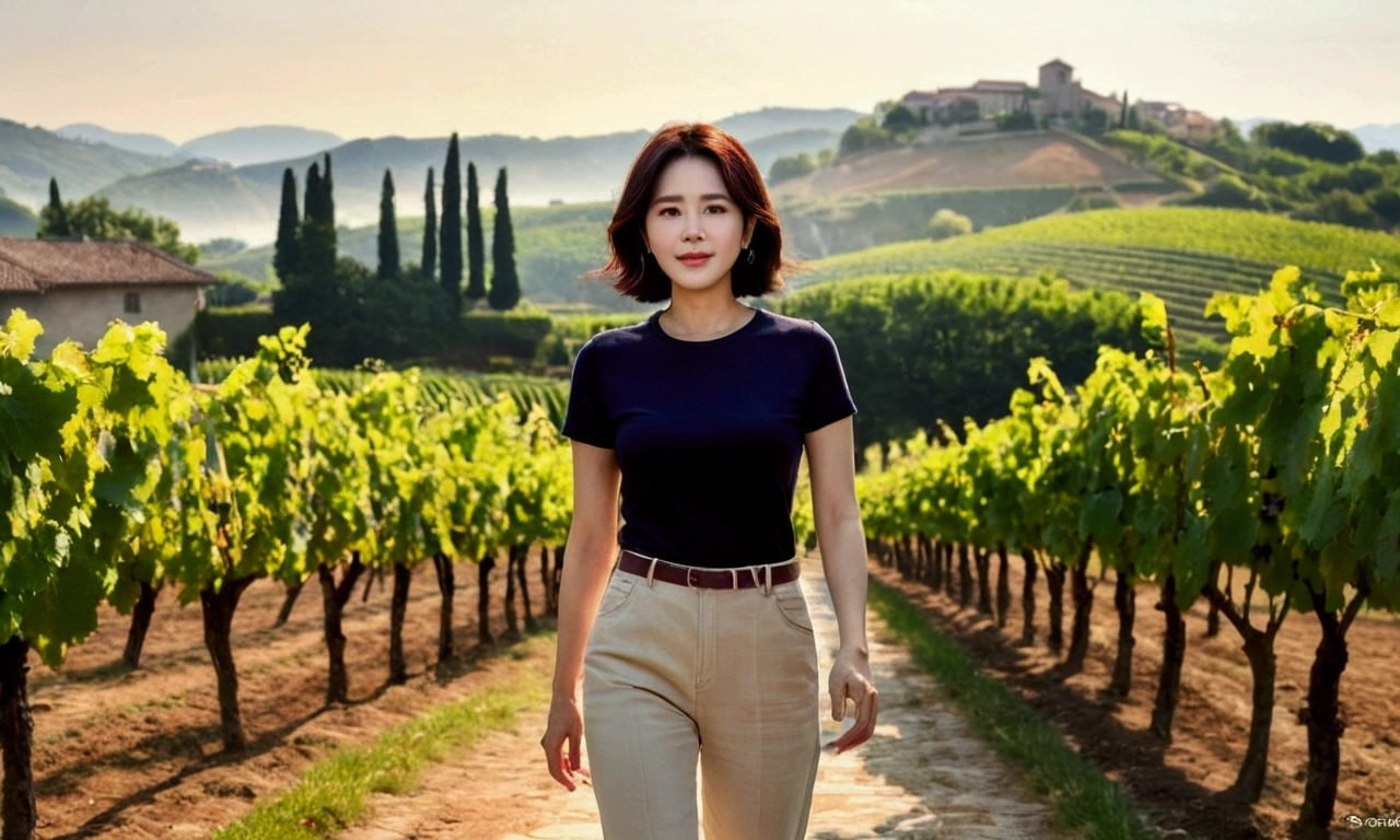 Wearing a luxury brand knit, 40 year old Korean woman with short medium hair, short and petite, very beautiful.!, Get inspired by Son Ye-jin, 8K vertical rendering, photo realistic beautiful face, big eyes,double eyelid, black eye, Wear a dark round neck t-shirt. beige jean pants. Warm light in vineyards at dawn in rural Italy, The morning sun shines beautifully. Standing on a curved path. (digital painting, HDR, high contrast),, (best quality:1.4, 8k 3D, 45,000,000,000,pixel,),(masterpiece:1.3),(sharp focus:1.2),(Full body shot with Canon camera 16-35 wide angle lens, 포도 밭이 내려다 보이는 언덕 위 Standing on a curved path, 32 inches, A woman of and short stature, A cathedral can be seen in the distance through thick fog., Vineyards with vivid image quality, three dimensional grape leaves, Grape leaves look vivid and clear., smile